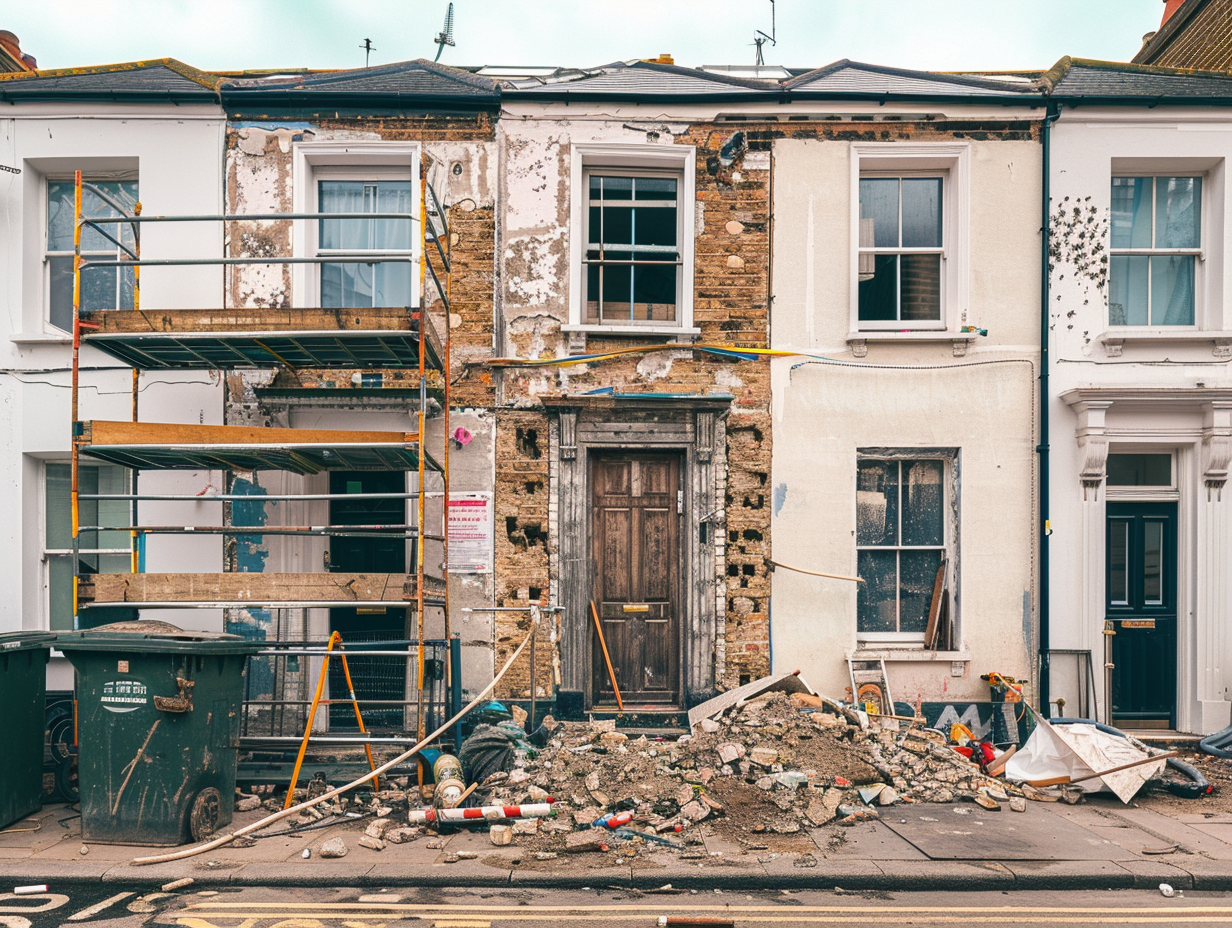 Skip outside UK terraced house renovation